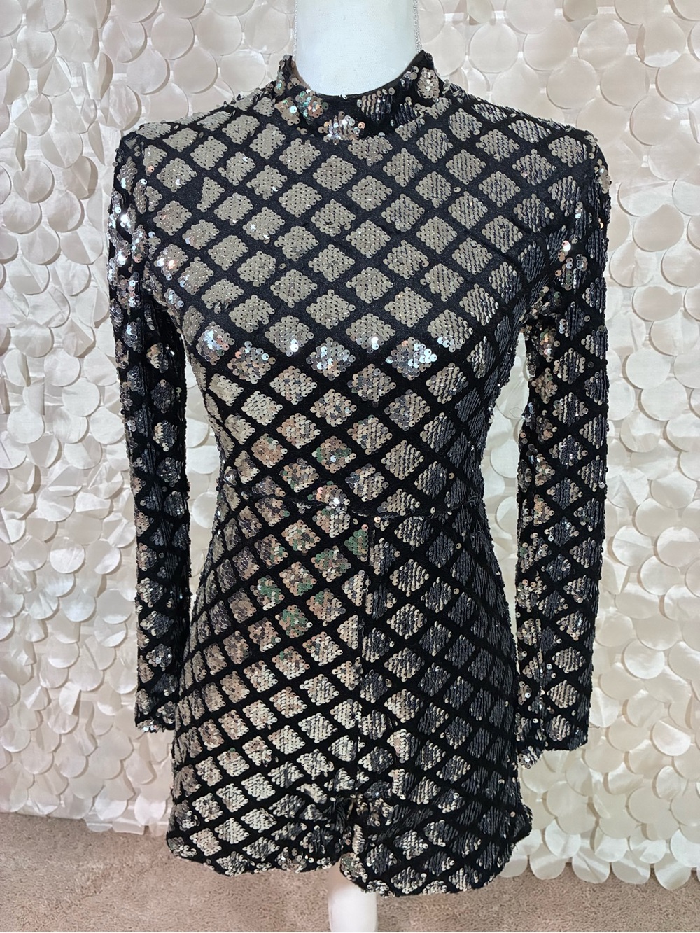 Small Black Silver Sequin High Neck Long Sleeve Romper